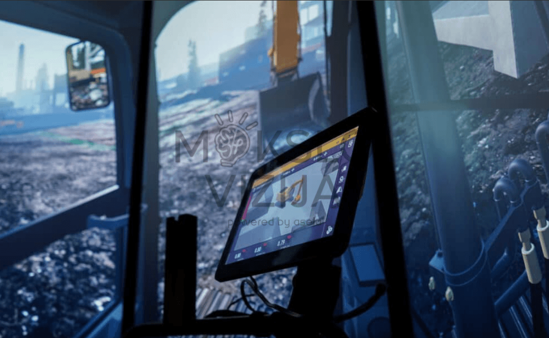 Jutiklinis ekranas su valdymo ikonų meniu, naudojamas simuliatoriaus funkcijoms ir mokymo scenarijams valdyti.