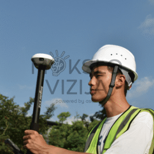 Operatorius su apsauginiu šalmu laiko RTK GNSS anteną ant stulpo ir ruošiasi atlikti matavimus lauko aplinkoje.