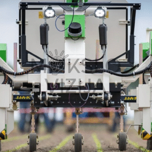Autonominio žemės ūkio roboto priekis su jutikliais, apšvietimu ir važiuokle, skirta tiksliam darbui tarpueiliuose.