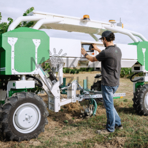 Operatorius vynuogyne reguliuoja autonominį žemės ūkio robotą ir tikrina valdymo panelę prieš pradedant darbus.