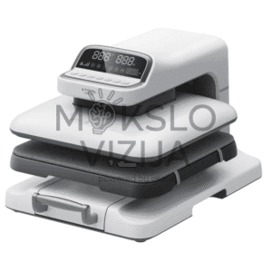 Automatinis termopresas su 381 × 381 mm kaitinimo plokšte, 4 spaudimo lygiais 60–180 kg, jutikliniu valdymu ir ištraukiamu stalčiumi, skirtas HTV, DTF, DTG ir sublimacijos perkėlimams.