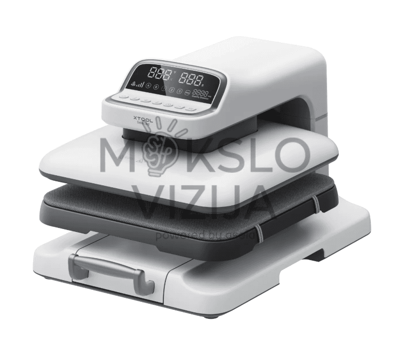 Automatinis termopresas su 381 × 381 mm kaitinimo plokšte, 4 spaudimo lygiais 60–180 kg, jutikliniu valdymu ir ištraukiamu stalčiumi, skirtas HTV, DTF, DTG ir sublimacijos perkėlimams.