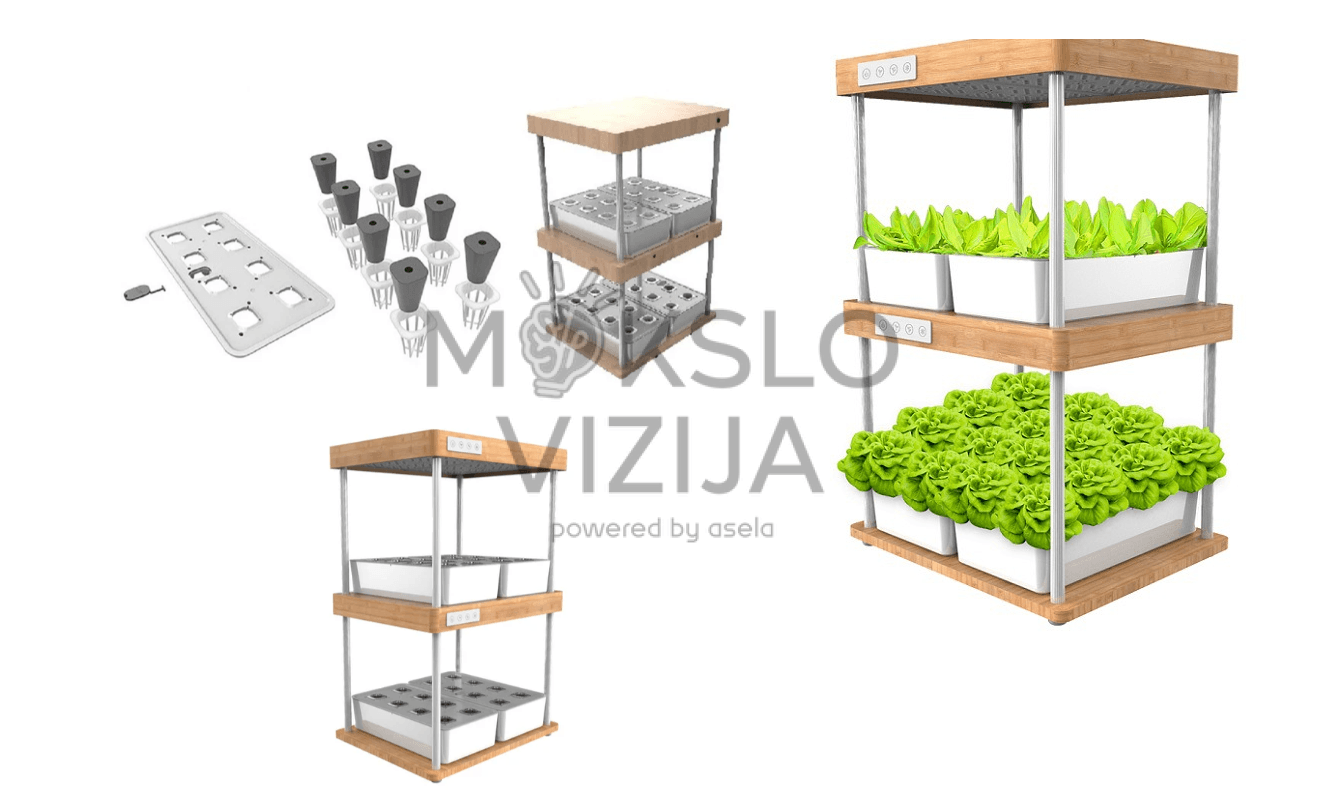 SG09 hidroponikos sistema, komplektacija, auginimo moduliai, sodinimo krepšeliai, dviejų lygių konstrukcija su LED apšvietimu.