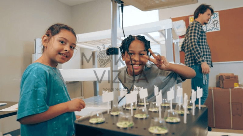 Hidroponikos sistema edukacijai, vaikai atlieka augalų auginimo eksperimentą, STEAM veikla klasėje.