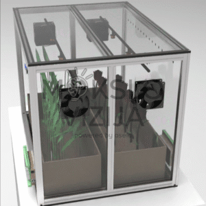 DL GREEN-STEM Smart Greenhouse priekinis vaizdas, dviejų zonų šiltnamis, skaidrios durys, integruoti ventiliatoriai.