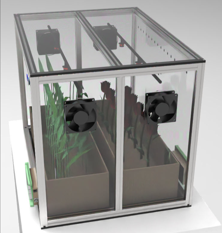 DL GREEN-STEM Smart Greenhouse priekinis vaizdas, dviejų zonų šiltnamis, skaidrios durys, integruoti ventiliatoriai.