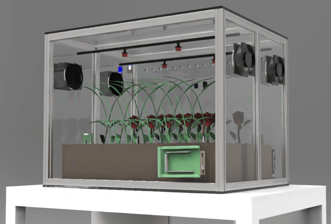Išmanus šiltnamis, augalų auginimas, mikroklimato valdymas, ventiliatoriai ir auginimo konteineriai.