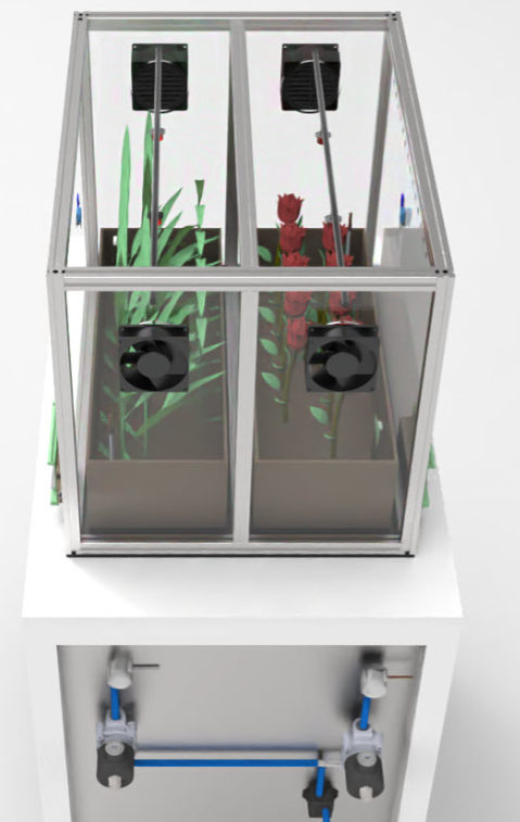 DL GREEN-STEM Smart Greenhouse vaizdas iš viršaus, dvi auginimo zonos, oro cirkuliacijos ventiliatoriai, edukacinė auginimo sistema.