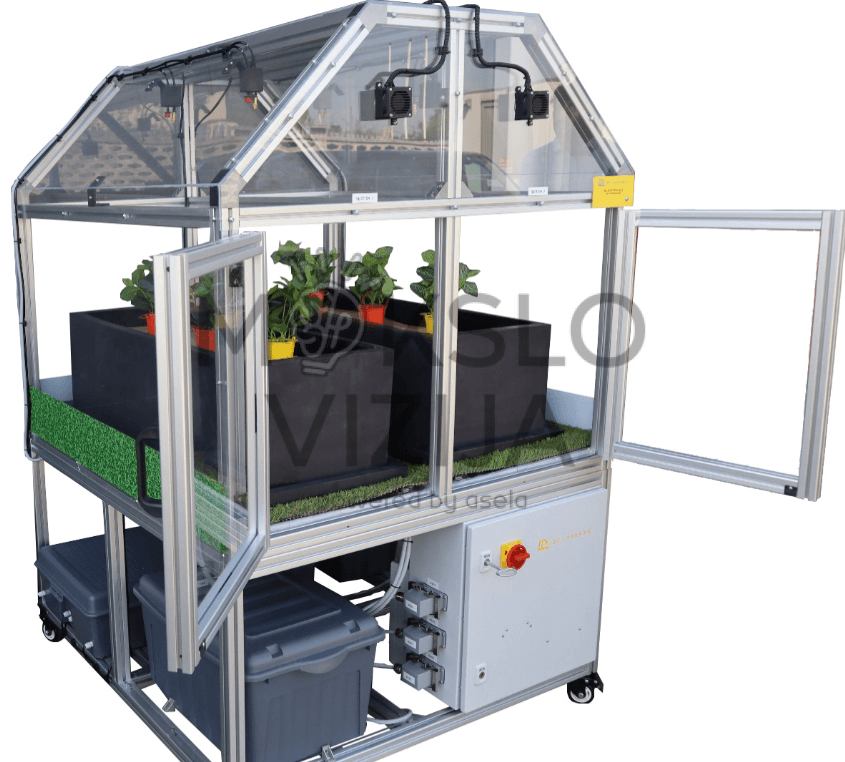 DL GREEN-I4.0-2 Smart Greenhouse išmanus šiltnamis, dviejų zonų auginimo stendas, PLC valdymas, jutikliai ir automatika.
