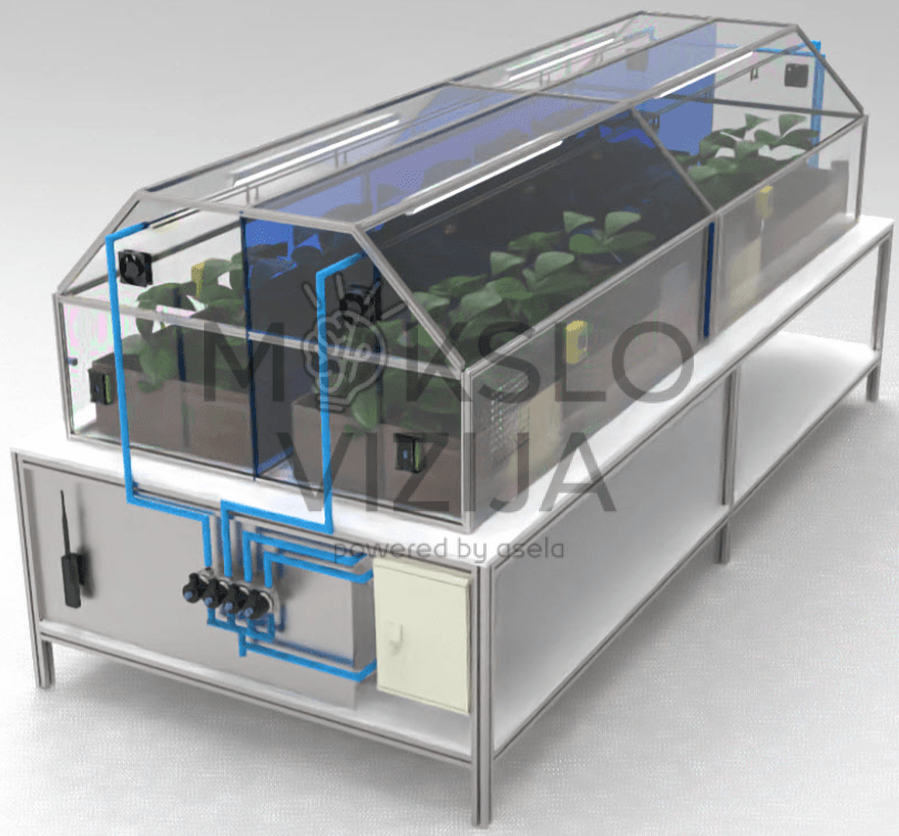 DL GREEN-I4.0-4 Smart Greenhouse išmanus 4 zonų šiltnamis, laboratorinis stendas, automatizuotas laistymas, PLC valdymas ir jutiklių sistema.