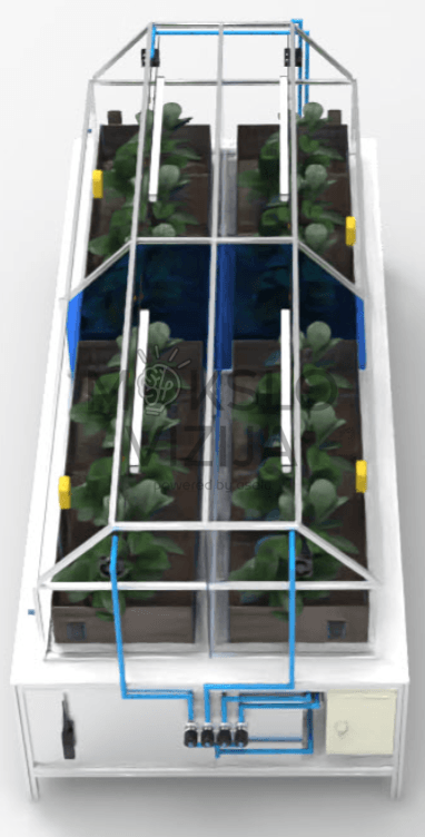 DL GREEN-I4.0-4 Smart Greenhouse vaizdas iš viršaus, 4 auginimo zonos, LED apšvietimas, laistymo kontūrai, edukacinė sistema.