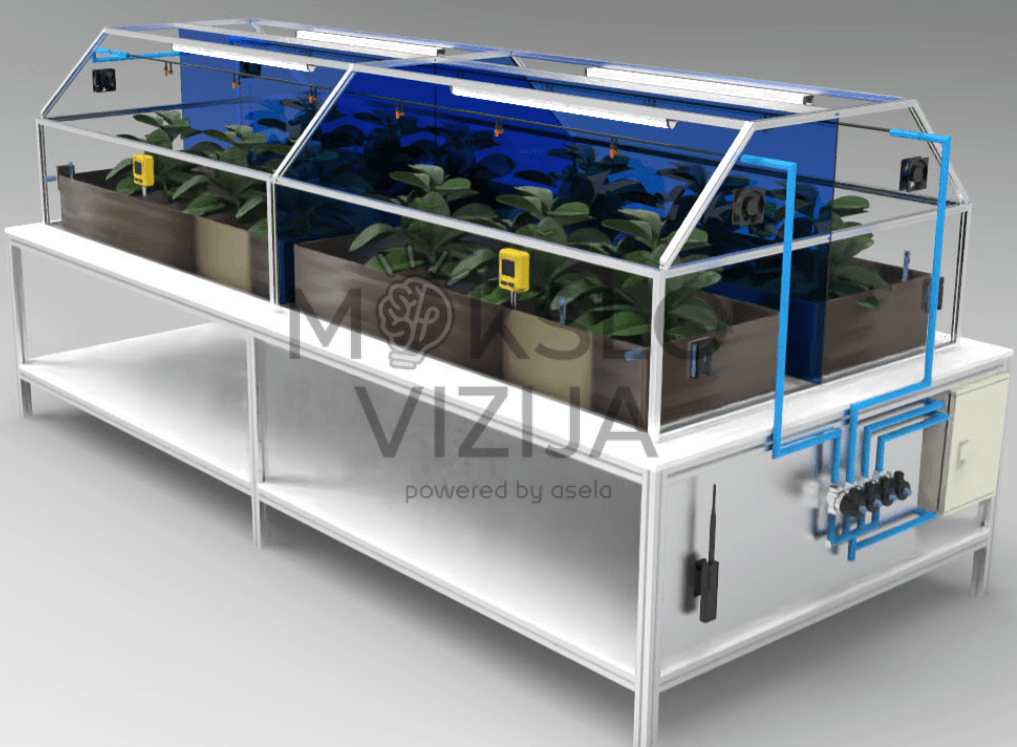 DL GREEN-I4.0-4 Smart Greenhouse šoninis vaizdas, zoninė laistymo sistema, valdymo mazgas, laboratorinis šiltnamis su automatika.
