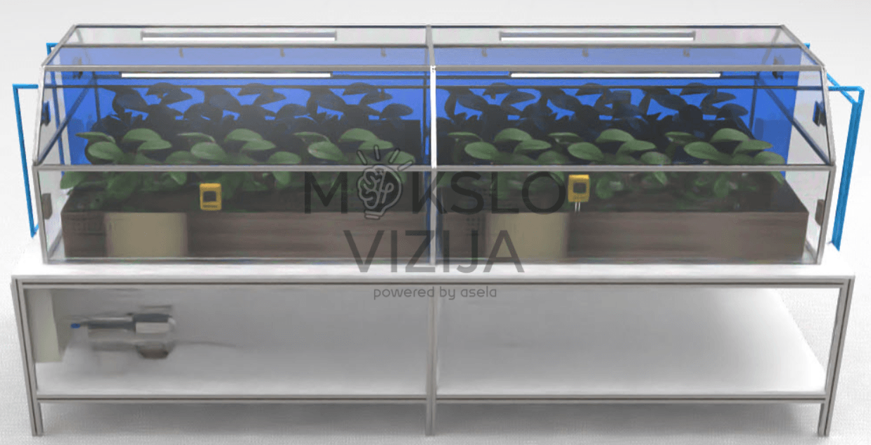 DL GREEN-I4.0-4 Smart Greenhouse priekinis vaizdas, keturios auginimo zonos, skaidrus akrilo šiltnamis edukacijai ir eksperimentams.