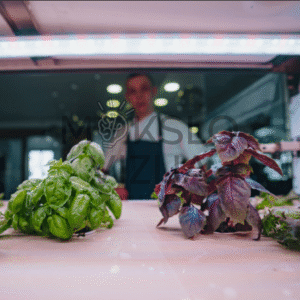 Šviežios žolelės iš Horizon hidroponinės fermos, bazilikas ir prieskoniniai augalai, auginami patalpose su LED apšvietimu.