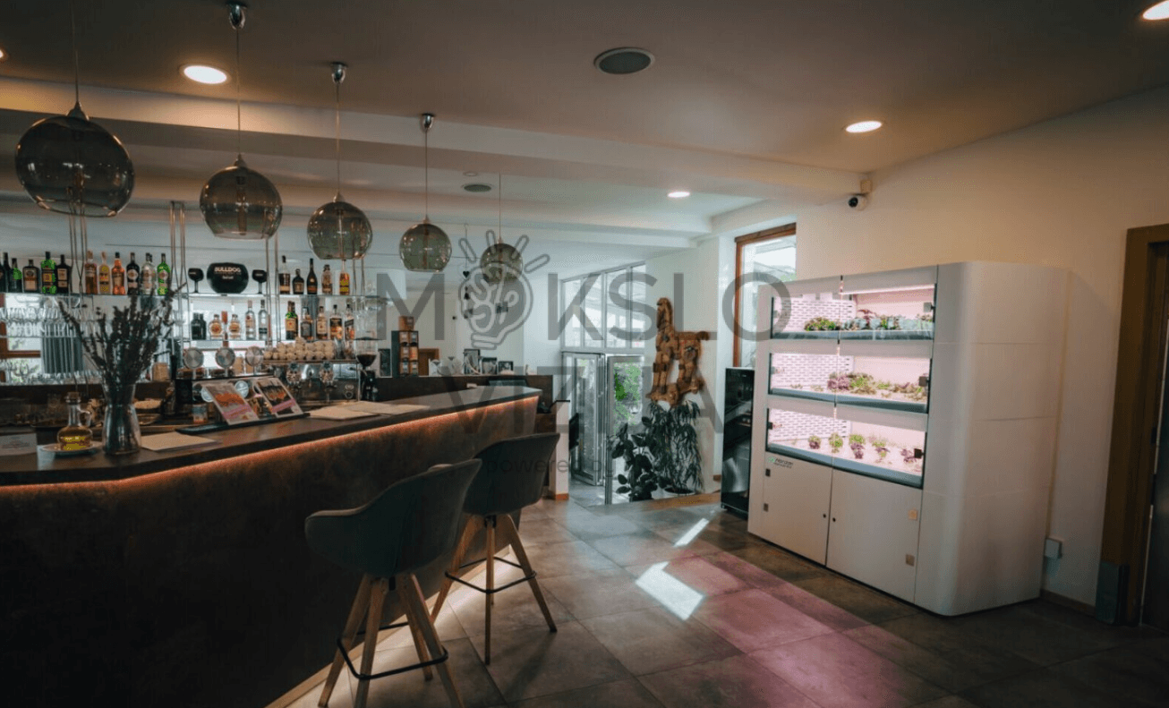 Horizon hidroponinė ferma restorane, šviežių prieskonių auginimas vietoje, vertikalus hidroponinis modulis su LED apšvietimu.