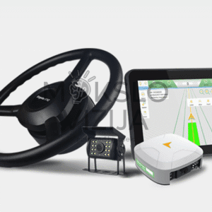 Autopiloto komplektas, elektrinis vairo modulis, valdymo ekranas ir GNSS imtuvas automatinio vairavimo sistemai.