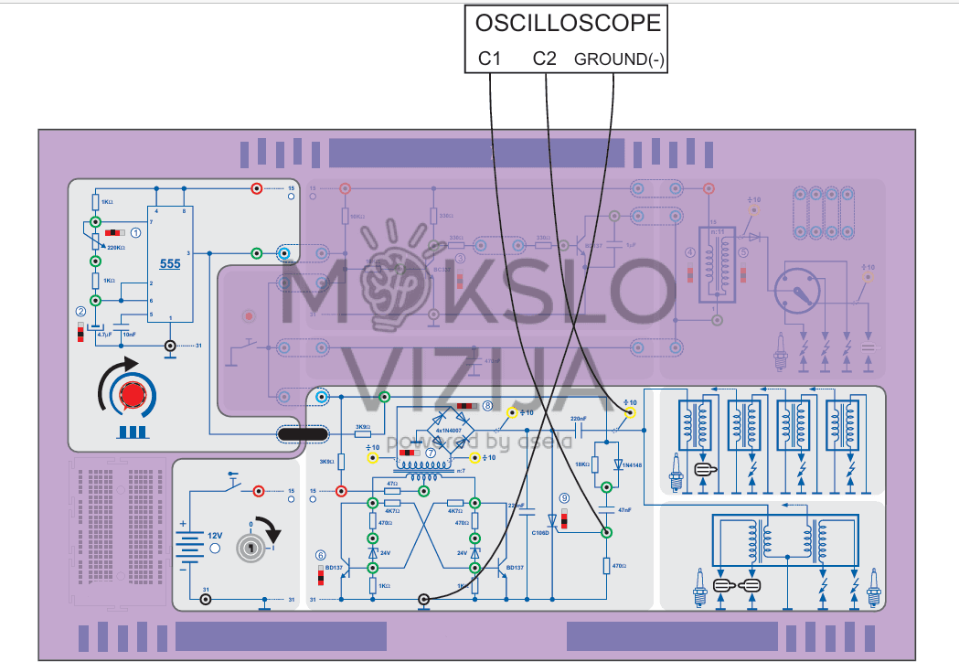 Osciloskopo prijungimas ADA 301 mokymo stende, stebint uždegimo sistemos signalus ir impulsus