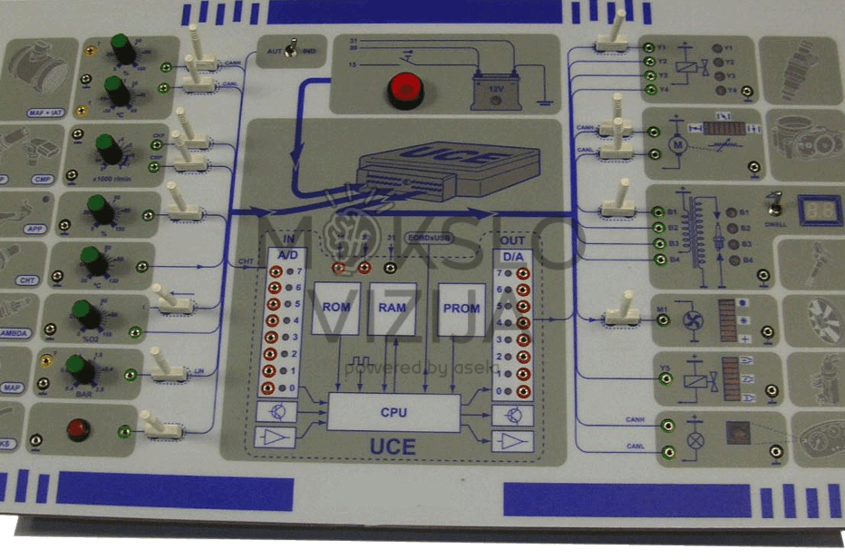 CU (UCE) treniruoklio mokymo stendas su jutiklių signalų įėjimais ir aktuatorių išėjimais, skirtas automobilių ECU diagnostikos ir mokymo darbams