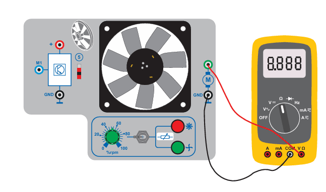 Aušinimo ventiliatoriaus valdymo grandinės matavimas multimetru automobilių aktuatorių mokymo stende