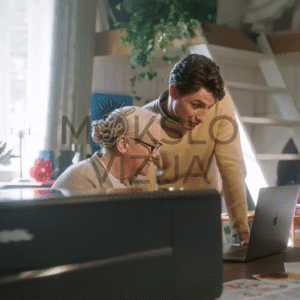 žmonės prie kompiuterio valdo xTool P2S lazerines graviravimo ir pjovimo stakles darbo aplinkoje