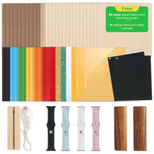 Edukacinis lazerinių medžiagų paketas mokymo dirbtuvėms, su įvairių medžiagų rinkiniais ir pamokų planu praktiniams pjovimo bei graviravimo projektams STEAM užsiėmimuose.