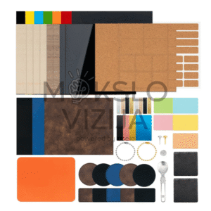 Lazerinių medžiagų pažintinis rinkinys edukacijos centrams, skirtas praktiniams bandymams ir skirtingų medžiagų pjovimo bei graviravimo savybių palyginimui mokymo aplinkoje.