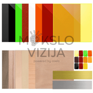 Lazerinių medžiagų rinkinys (34 vnt., 17 tipų) edukacijos dirbtuvėms, su akrilo, faneros ir dviejų spalvų plokštelių ruošiniais pjovimo ir graviravimo bandymams.