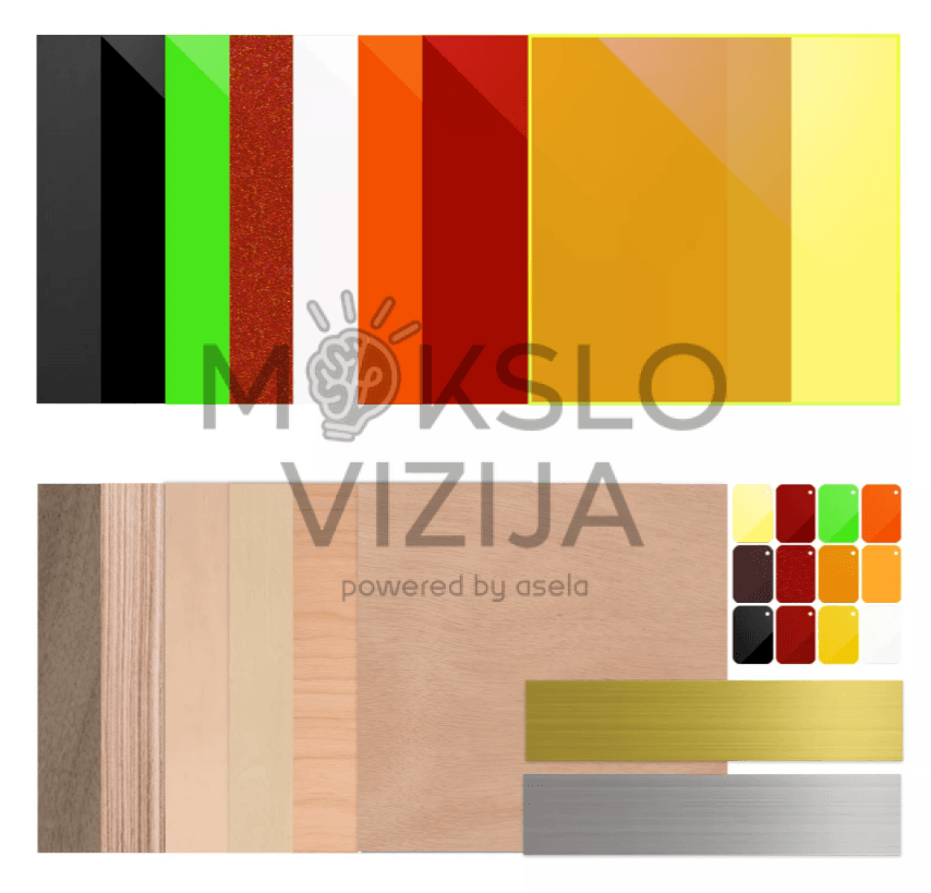 Lazerinių medžiagų rinkinys (34 vnt., 17 tipų) edukacijos dirbtuvėms, su akrilo, faneros ir dviejų spalvų plokštelių ruošiniais pjovimo ir graviravimo bandymams.