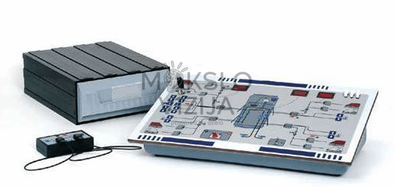 Automobilių CAN ir LIN magistralių mokymo stendas ant stalo šalia priedų laikymo dėžės ir papildomo modulio, skirto praktiniams bandymams.