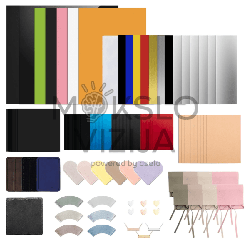 Lazerinių medžiagų rinkinys (125 vnt., 13 tipų) edukacijos dirbtuvėms, skirtas pjovimo ir graviravimo bandymams su akrilu, fanera, dviejų spalvų plokštelėmis, veltiniu, oda, popieriumi, metalu ir akmeniu.