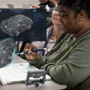 Mokiniai mokosi automobilių sandaros naudodami interaktyvius 3D modelius ir skaitmeninį rašiklį zSpace mokymo aplinkoje.