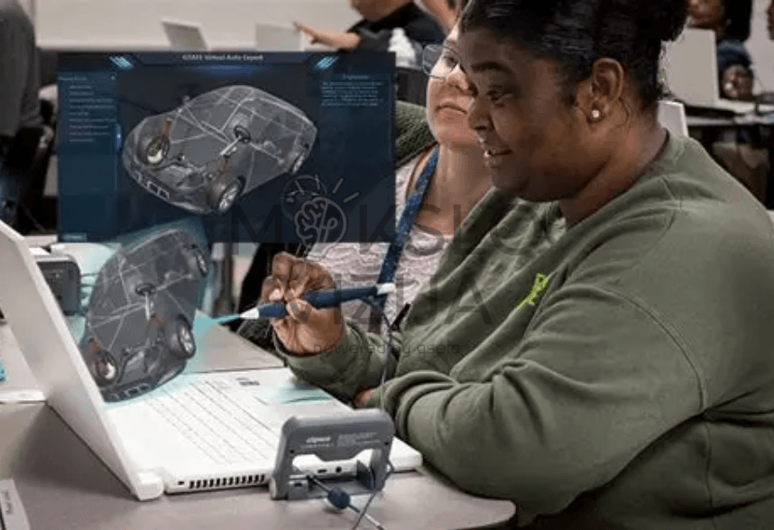 Mokiniai mokosi automobilių sandaros naudodami interaktyvius 3D modelius ir skaitmeninį rašiklį zSpace mokymo aplinkoje.