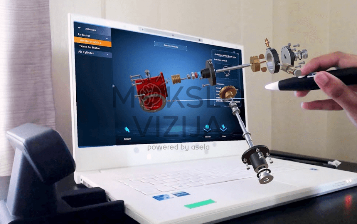 Interaktyvus pneumatinių ir mechaninių komponentų 3D modelis rodomas nešiojamame kompiuteryje mokymo aplinkoje.