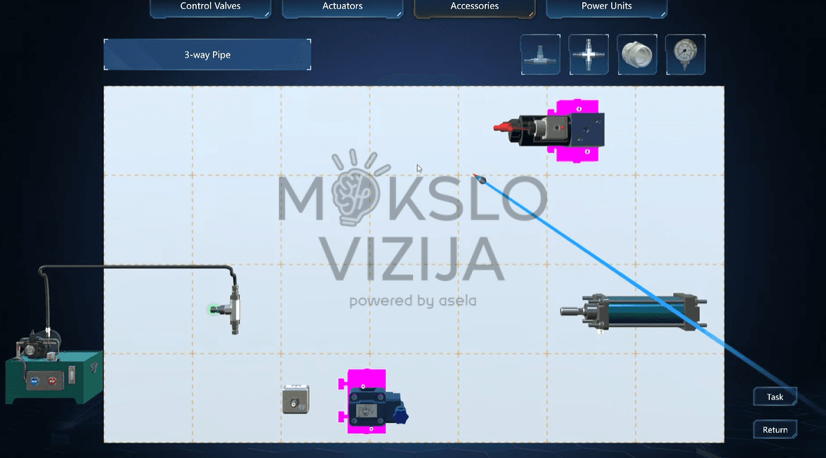 Interaktyvi techninės sistemos schema ekrane su valdymo komponentais ir jungtimis mokymo platformoje.