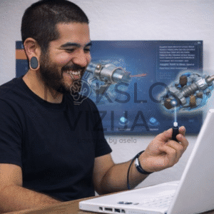 Mokinys dirba su nešiojamuoju kompiuteriu ir interaktyviais automobilių mechanikos 3D modeliais virtualioje mokymo aplinkoje.