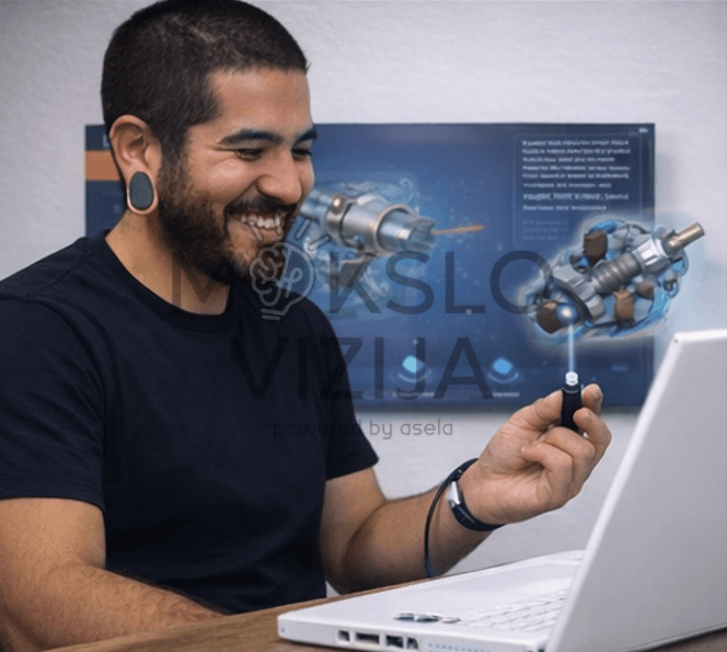 Mokinys dirba su nešiojamuoju kompiuteriu ir interaktyviais automobilių mechanikos 3D modeliais virtualioje mokymo aplinkoje.