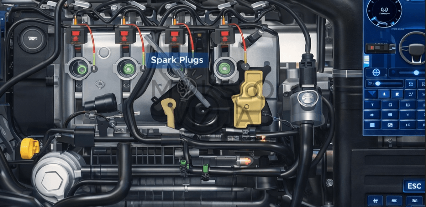 Automobilio variklio 3D modelis su pažymėta uždegimo žvakių sistema ir interaktyviais valdymo elementais.