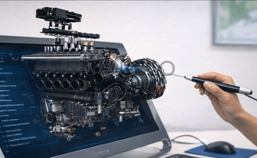 Interaktyvus automobilio variklio 3D modelis ekrane, analizuojamas naudojant skaitmeninį rašiklį.