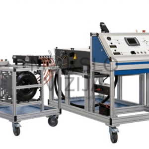 Aukštos įtampos automobilių mokymo sistema su dviem moduliais ant ratukų, sujungtais laidais, skirta elektrinių ir hibridinių sistemų mokymams.