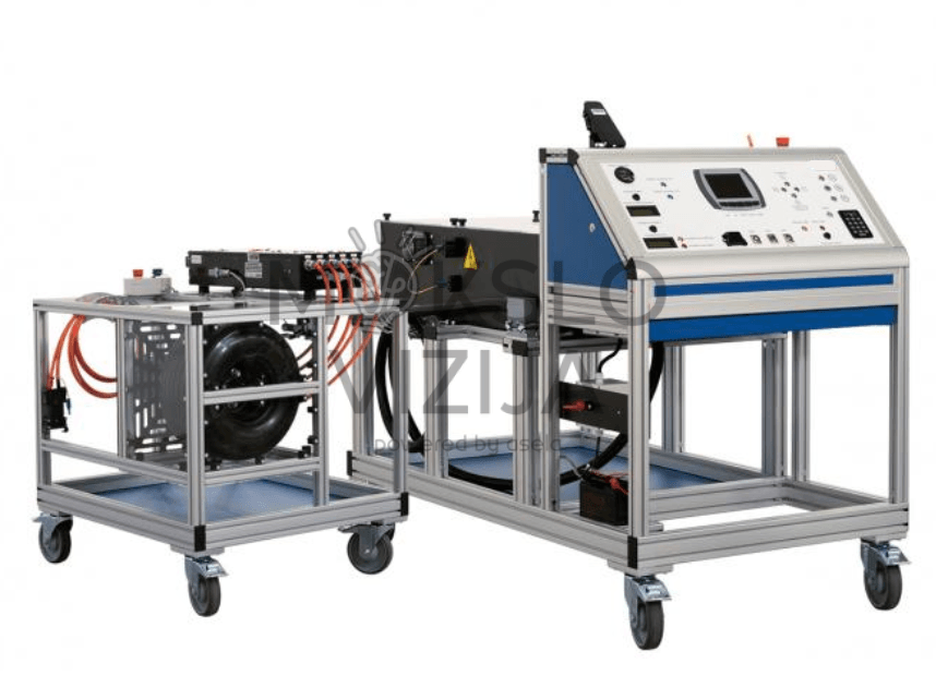 Aukštos įtampos automobilių mokymo sistema su dviem moduliais ant ratukų, sujungtais laidais, skirta elektrinių ir hibridinių sistemų mokymams.