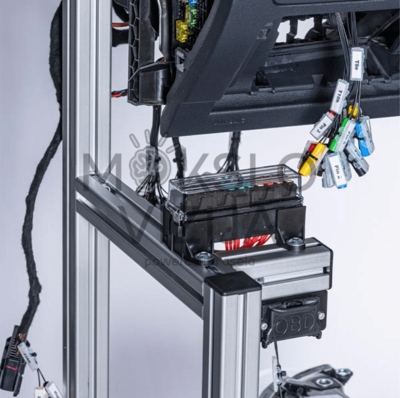 OBD diagnostikos jungtis ir valdymo blokas CAN ir LIN magistralių mokymo stende su pažymėtais laidais.