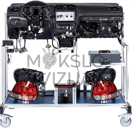 CAN ir LIN magistralių mokymo stendas su automobilio prietaisų skydeliu, galiniais žibintais ir valdymo moduliais ant metalinės konstrukcijos.