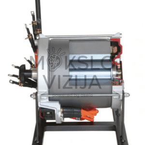 Elektrinės pavaros variklio mokomasis modelis ant metalinio stovo su atviru korpusu ir matomu rotoriaus bei statoriaus išdėstymu.