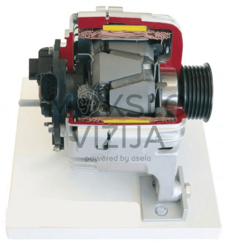 Starterio generatoriaus micro hybrid pjūvio modelis ant stovo su matomais vidiniais komponentais ir skriemuliu.