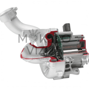 Elektrinio turbokompresoriaus E Booster pjūvio modelis su matoma turbina, elektronikos plokšte ir elektriniu varikliu.