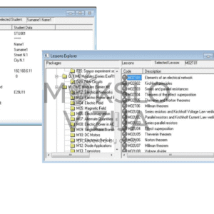 Laboratorijos valdymo programinės įrangos langai su mokinių sąrašu, pamokų priskyrimu ir studento informacijos forma dėstytojo darbo vietoje.
