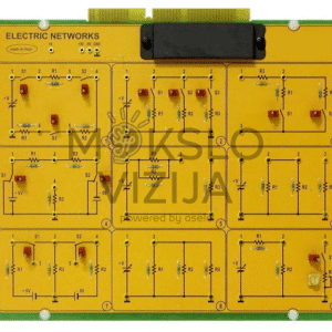 Elektrinių tinklų mokymo plokštė su pažymėtomis varžų, jungiklių ir maitinimo grandinėmis elektrotechnikos laboratorijai.