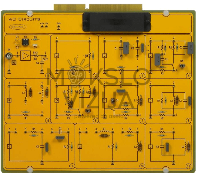 Kintamosios srovės grandinių mokymo plokštė su varžomis, ritėmis ir kondensatoriais praktiniams AC grandinių eksperimentams.