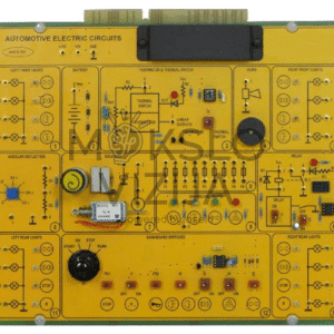 Automobilių elektros grandinių mokymo plokštė su akumuliatoriaus, žibintų, saugiklių, relės, garso signalo ir prietaisų skydelio jungiklių grandinėmis.