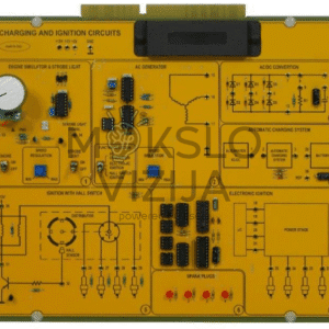 Įkrovimo ir uždegimo grandinių mokymo plokštė su variklio simuliatoriumi, generatoriumi, AC/DC keitimu, automatine įkrovimo sistema ir elektroninio uždegimo grandinėmis.